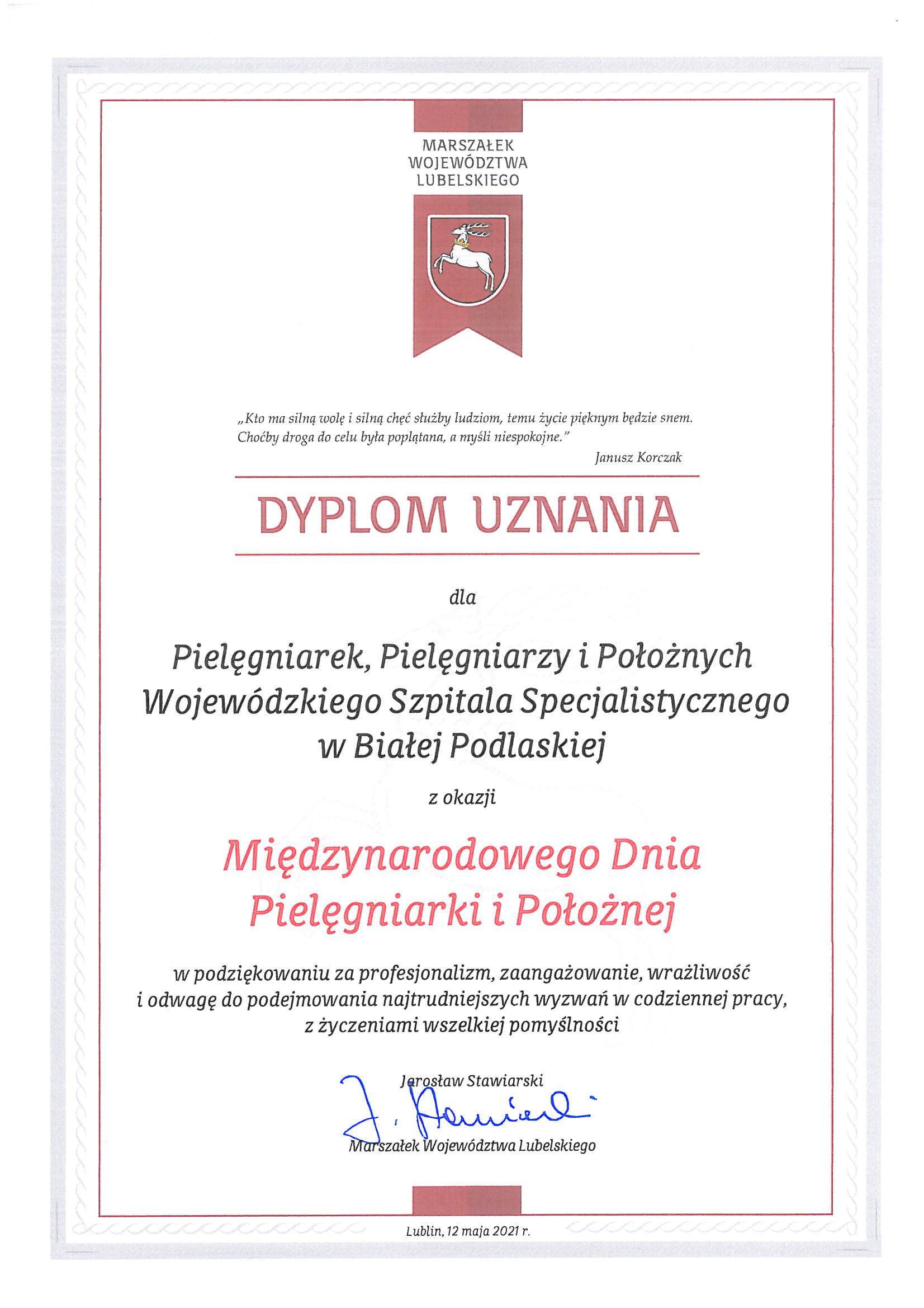 Dyplom uznania Marszałka Województwa Lubelskiego dla Pielęgniarek, Pielęgniarzy i Położnych WSzS z okazji Międzynarodowego Dnia Pielęgniarki i Położnej