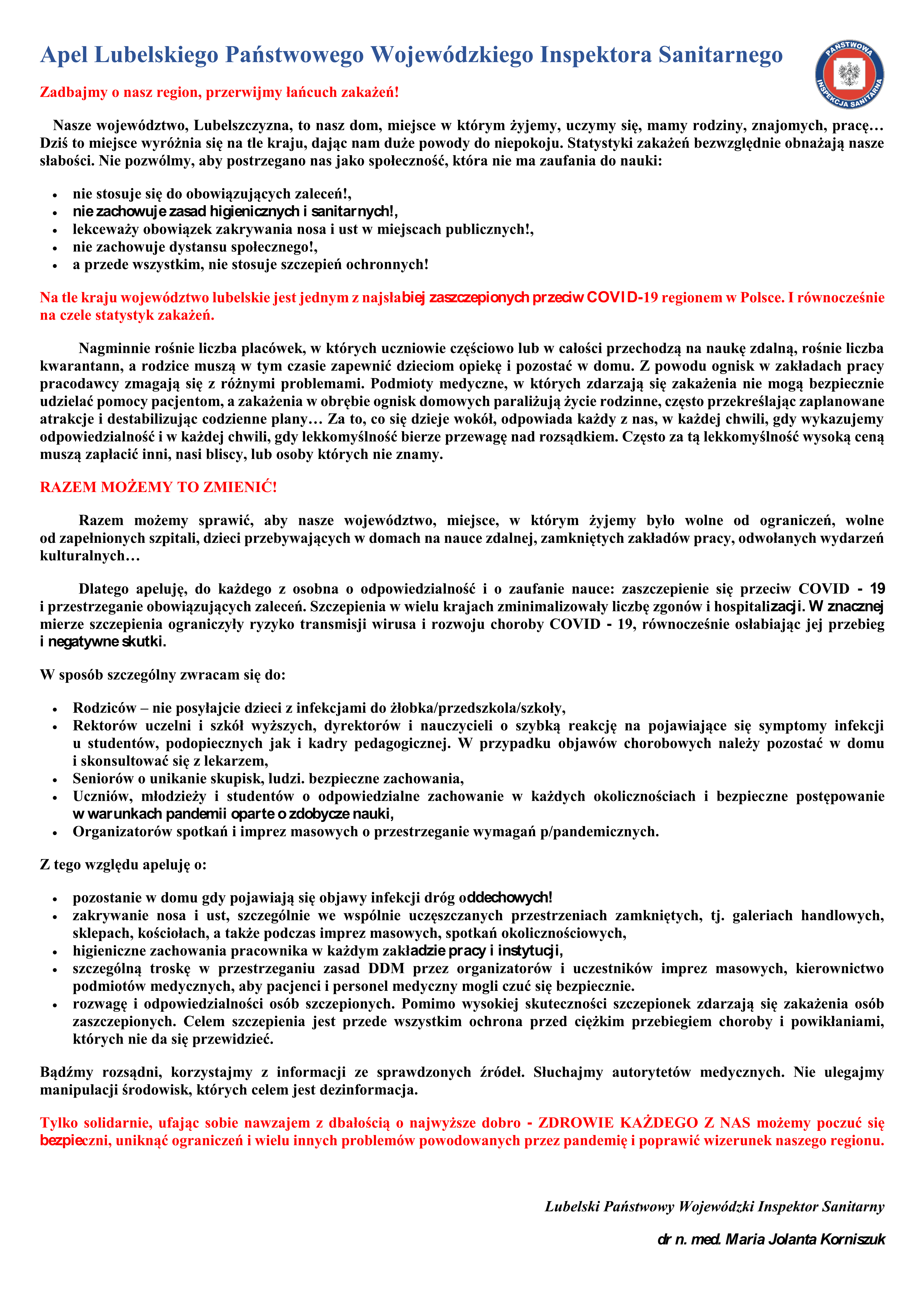 Apel Lubelskiego Państwowego Wojewódzkiego Inspektora Sanitarnego dot. szczepień przeciwko COVID-19