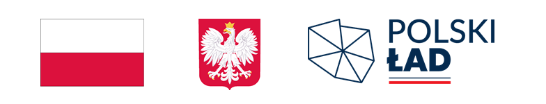 Flaga i godło Polski oraz logo Polski Ład.
