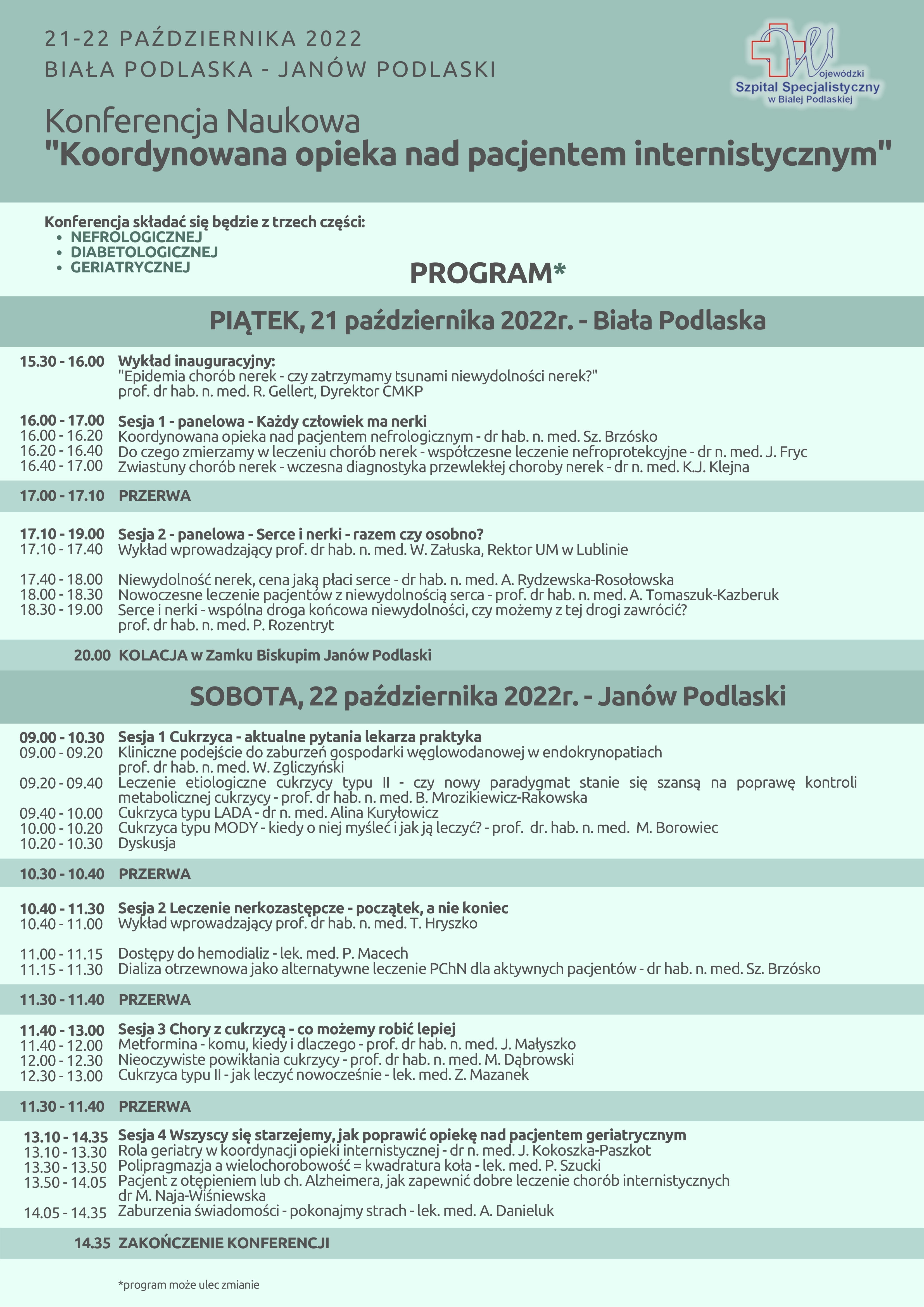 Plakat - Program godzinowy Konferencji Internistycznej - 21-22.10.2022