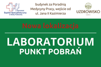 Infografika - Nowa lokalizacja Laboratorium - Punkt Pobrań. Budynek za Poradnią Medycyny Pracy, wejście od ul. Jana II Kazimierza.