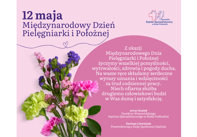 Infografika - Życzenia z okazji Międzynarodowego Dnia Pielęgniarki i Położnej 2024.