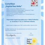 Certyfikat „Szpital bez bólu” dla Wojewódzkiego Szpitala Specjalistycznego w Bałej Podlaskiej.
