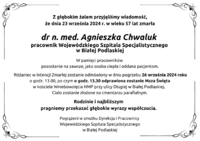 Infografika - Kondolencje z powodu śmierci dr n. med. Agnieszki Chwaluk.