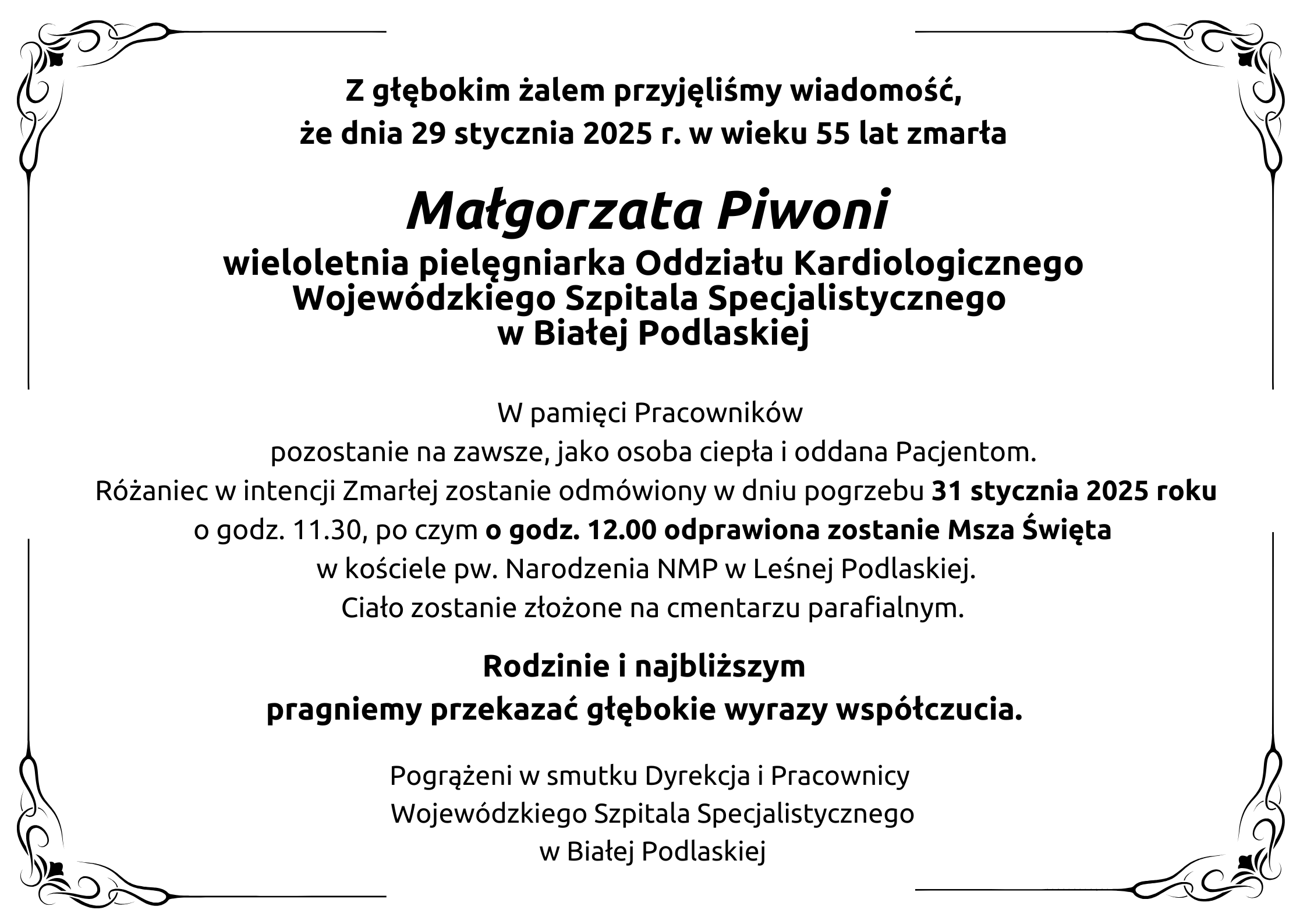 Infografika - Kondolencje z powodu śmierci piel. Małgorzaty Piwoni.