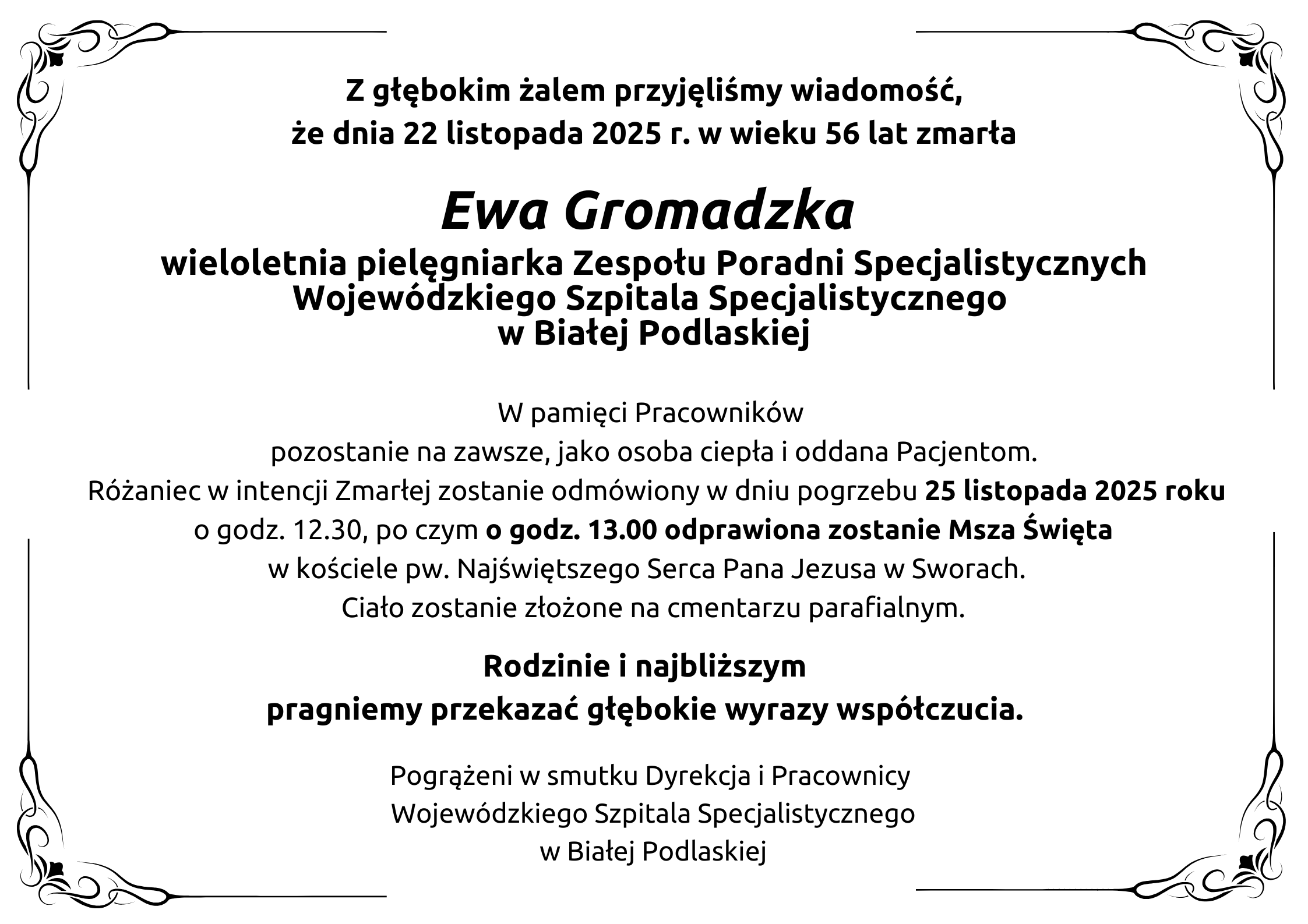Infografika - Kondolencje z powodu śmierci  piel. Ewy Gromadzkiej.