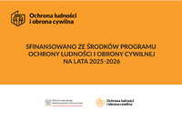 Infografika - Sfinansowano ze środków Programu Ochrony Ludności i Obrony Cywilnej na lata 2025-2026. Logo Ministerstwo Spraw Wewnętrznych i Administracji oraz Ochrona ludności i obrona cywilna.