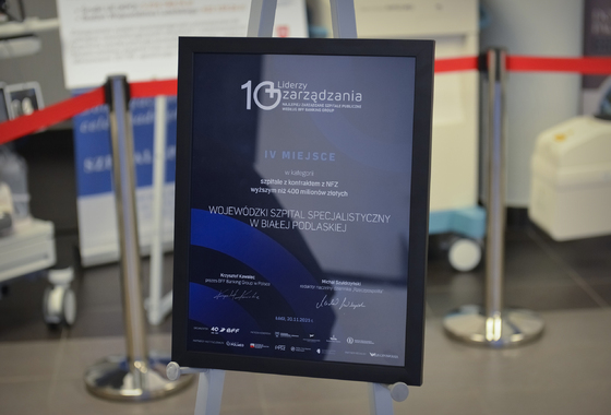 Dyplom - Wojewódzki Szpital Specjalistyczny w czołówce najlepszych szpitali publicznych w Polsce wg Rankingu BFF Banking Group.