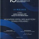 Dyplom - IV miejsce w kategorii szpitale z kontraktem z NFZ wyższym niż 400 milionów złotych dla Wojewódzkiego Szpitala Specjalistycznego w Białej Podlaskiej.