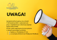 Infografika - Komunikat – Laboratorium przy ul. Spółdzielczej 5 nieczynne w dniach 7-20.04.2026r.