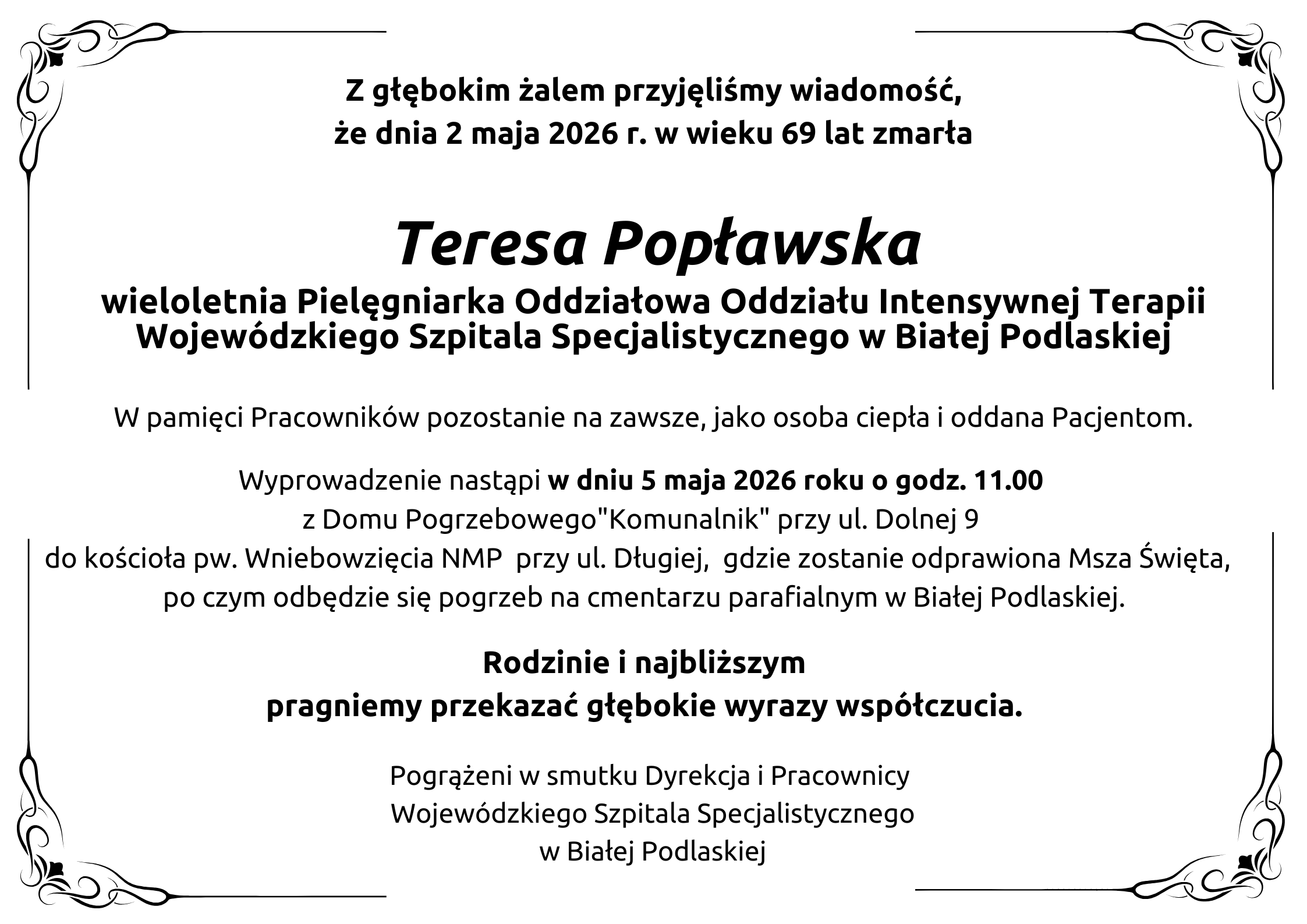 Infografika - Kondolencje z powodu śmierci piel. Teresy Popławskiej.