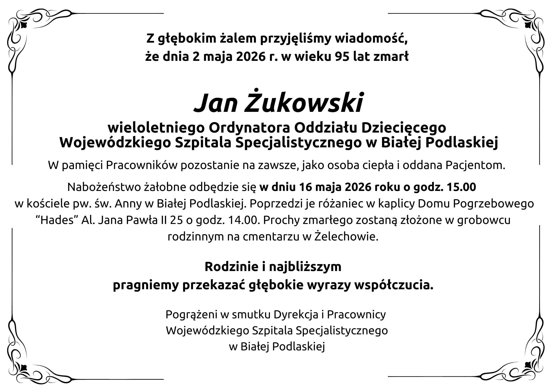 Infografika - Kondolencje z powodu śmierci lek. Jana Żukowskiego.