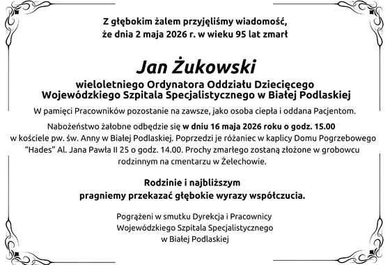 Infografika - Kondolencje z powodu śmierci lek. Jana Żukowskiego.