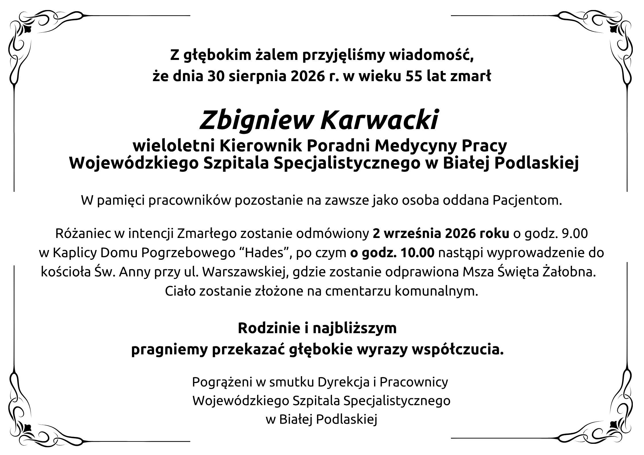 Infografika - Kondolencje z powodu śmierci lek. Zbigniewa Karwackiego.
