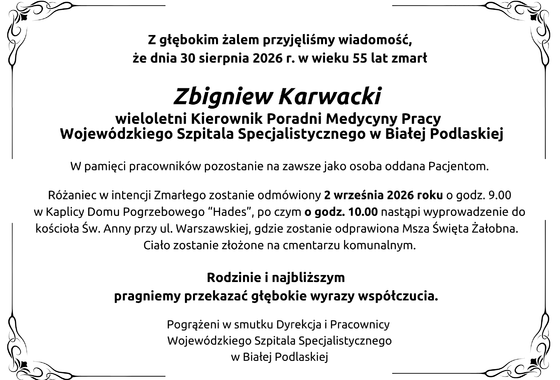 Infografika - Kondolencje z powodu śmierci lek. Zbigniewa Karwackiego.
